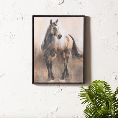 Elegant Brown and Black Horse Canvas Art with Fir Wood Frame
