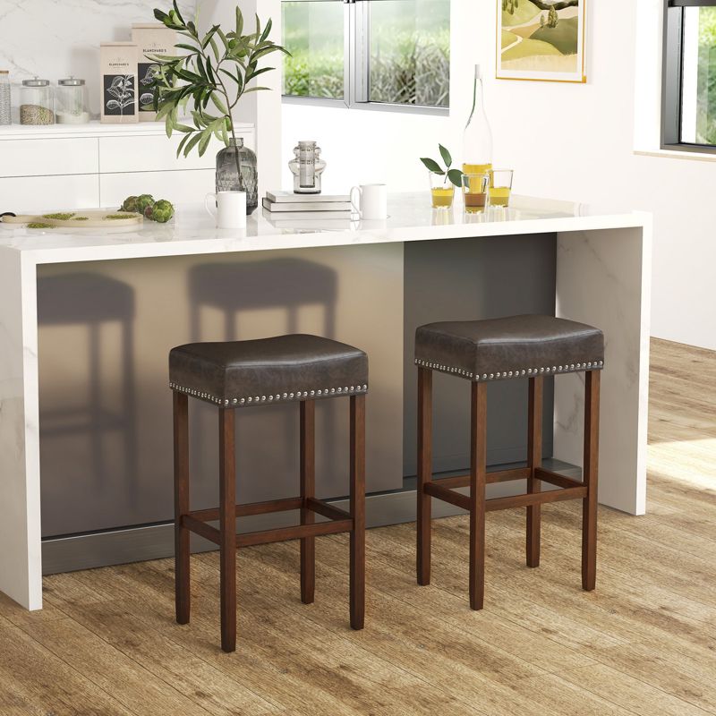 Coastway 29.5" Wood Frame PU Leather Upholstered Bar Stools Set of 2 with Footrests Brown/Grey, 2 of 8