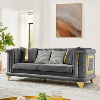 89" Velvet 3-Seater Luxury Sofa with Gold Stainless Steel Trims and Embroidered Texture, Mid Century Modern Victorian Tufted Couch