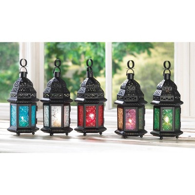 10.25" Blue and Black Iron Glass Moroccan Style Candle Lantern