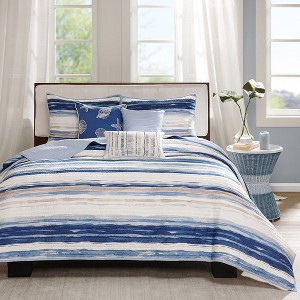 Sapphtopaz 6 Pcs Printed Comforter Set Quilted Bedding Set, Stripe Quilt Set with Throw Pillows, Machine Washable - 1 of 4