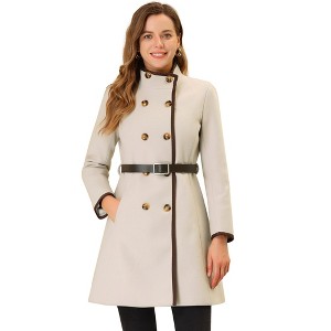 Allegra K Women's Stand Collar Slant Pockets Winter Belted Long Overcoat - 1 of 4