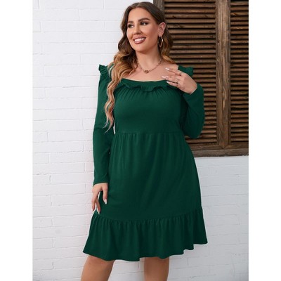 YesFashion Women's Plus Size Dress Casual Long Sleeve Ruffle Trim Dress Square Neck Elastic High Waist Belted Midi Dress