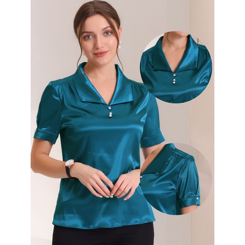 Allegra K Women's Satin Summer Work Turndown Collar Pearl Button Decor Short Sleeves Slick Top Blouses, 2 of 6