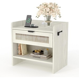 Rattan Nightstand,Boho Night Stand with Type-C Charging Station, 2 Drawer Storage Space,End Table,Side Table,for Bedroom,Office,Living Room - 1 of 4