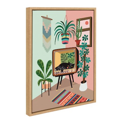 Natural Framed Canvas Print with Cat in TV, 18x24