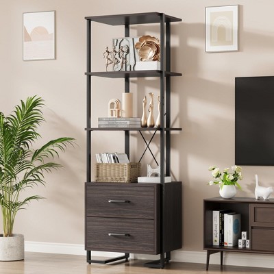 3 Tier Bookshelf with Storage Drawers,70.9 Inch Tall Industrial Book Shelf with Open Display Shelves