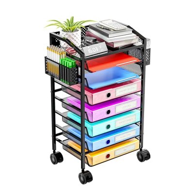 Simple Trending 8 Tier Small Rolling File Cart, Metal Desk File Organizer with Sliding Trays, Black
