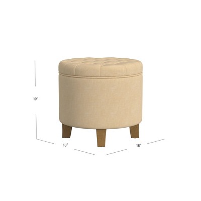Light Tan Round Tufted Storage Ottoman with Wooden Legs