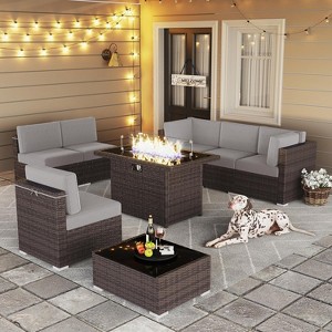 LayinSun 8 Piece Patio Furniture Set with 44" Propane Gas Fire Pit Table, Outdoor Sectional Conversation Set Wicker Rattan Sofa Set - 1 of 4