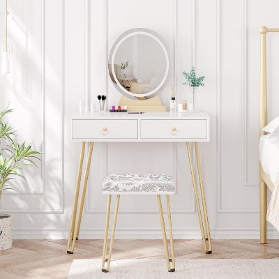 Makeup Vanity Set with 3-Color Dimmable Lighted Mirror, Makeup Dressing Table with Drawers, Padded Stool