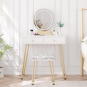 Makeup Vanity Set with 3-Color Dimmable Lighted Mirror, Makeup Dressing Table with Drawers, Padded Stool - 1 of 4