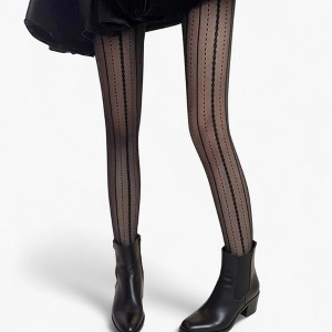 Anna-Kaci Women's Sheer Vertical Stripe Tights with Scalloped Pattern Detailing and Stretch Fit - Black - 1 of 4