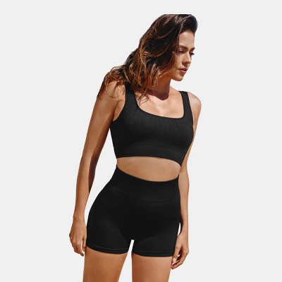 Women's Athletic Strechy Black Square Neck Crop Tank Top & High-Waisted Bike Shorts Set - Cupshe