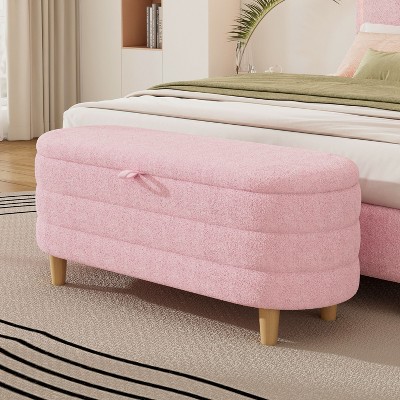 CAVINAS Oval Wool Storage Ottoman Bench with Wood Legs,Upholstered Storage Ottoman,Storage Benches for Living Room,Bedroom