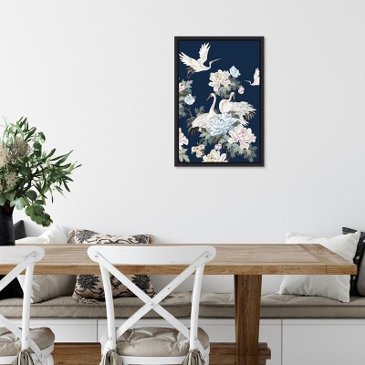 Pearly White Cranes on Navy Canvas Wall Art Print