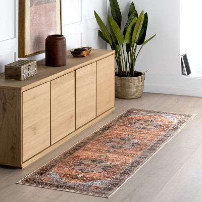 Wrenley Red and Brown Medallion Washable Area Rug
