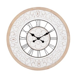32"x32" Wooden Floral Carved Wall Clock White - Olivia & May: Elegant Decorative Timepiece for Home - 1 of 4