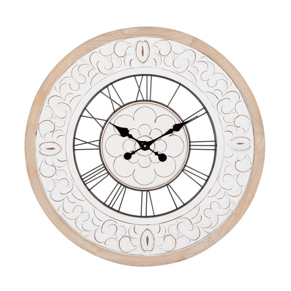Photos - Wall Clock 32"x32" Wooden Floral Carved  White - Olivia & May
