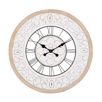 32"x32" Wooden Floral Carved Wall Clock White - Olivia & May