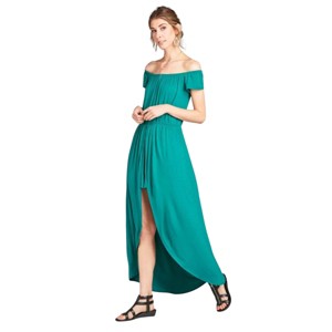 Slickblue Off-Shoulder Maxi Romper for Women, Stretch Jersey Knit with Overlay Skirt, Emerald, Size S-L - 1 of 4