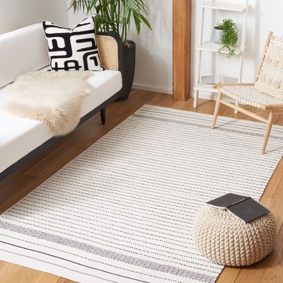 Ivory and Black Handwoven Wool Rectangular Area Rug, 6' x 9'