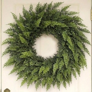 24 inch Real Cedar Wreath Artificial Faux Green Pine Needles Wreath for Front Door Wall Home Outdoor Xmas Decor - 1 of 4