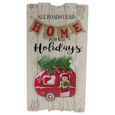 Northlight 24-Inch Lighted All Roads Lead Home Vintage Red Trailer Christmas Wall Sign