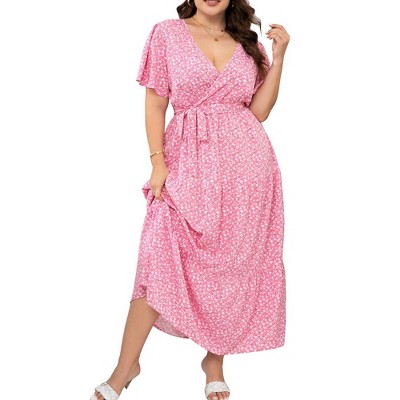 MISSKY Women Plus Size Wrap Dress High Waist Short Sleeve Ruffle Casual Summer Maxi Dresses with Belt