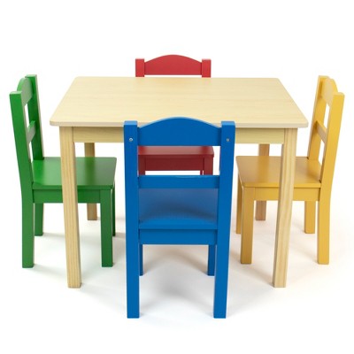 Natural Wood Kids Table with Multicolor Chairs Set