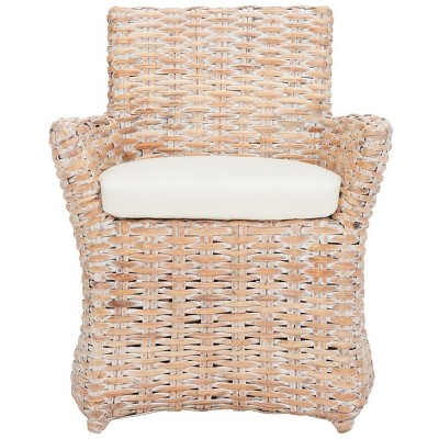 Modern Coastal Whitewash Rattan Armchair with White Cushion