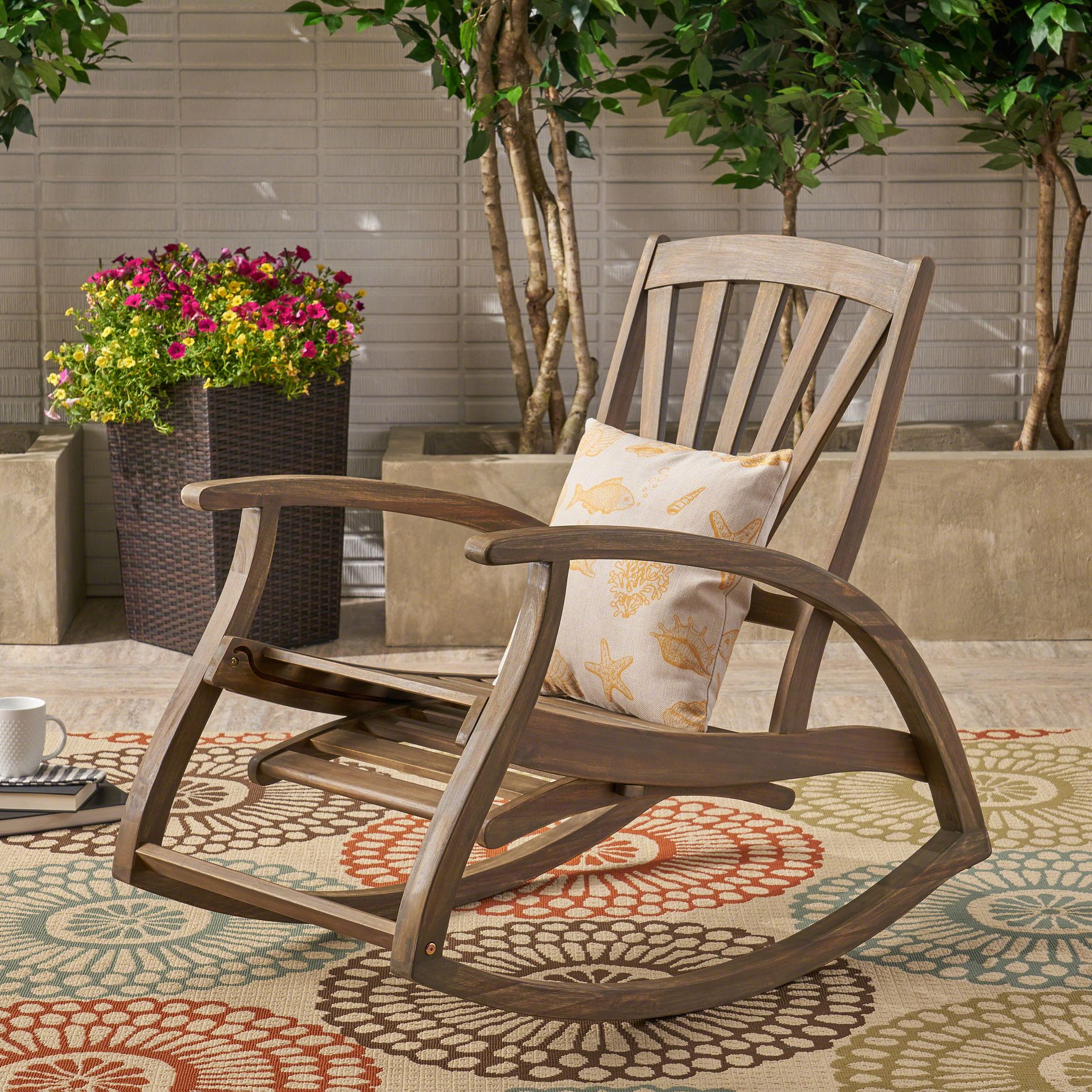 KWPZQEB Rocking Chair, Acacia Wood Rocking Chair w/ Retractable Foot Panel, Slatted Design & Armrest, Outdoor Rocking Chair for Porch, Patio, Balcony