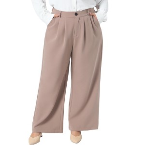 Women's Plus Size Button High Elastic Waisted Long Straight Business Casual Suit Pants with Pockets - Agnes Orinda - 1 of 4