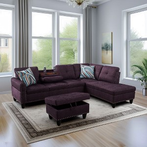 3-Piece L-Shaped Combination Sofa Set in Grey Linen for Living Room - 1 of 2