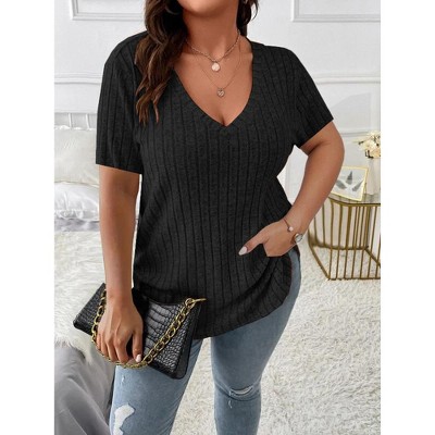 Women's Plus Size V Neck Casual Tops  Color Shirts Lightweight Short Sleeve Blouses