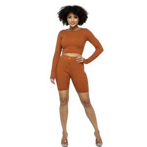 Slickblue Stylish Knit Long Sleeve Cropped Top & High-Waist Biker Shorts Set – Versatile Colors Options, Sizes S-L - 1 of 4