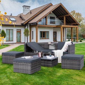 5-Piece Outdoor Patio Sectional Couch Set, All-Weather PE Wicker Outdoor Chaise Lounger Sofa with Lift-Top Coffee Table – Maison Boucle - 1 of 4