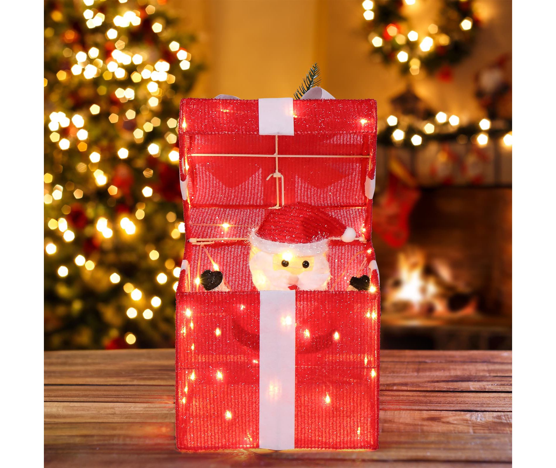 Angel Sar 12" Motorized Pop-Up Gift Box with Santa, 60 LED Lights Outdoor Christmas Decoration, Waterproof Animated Holiday Decor