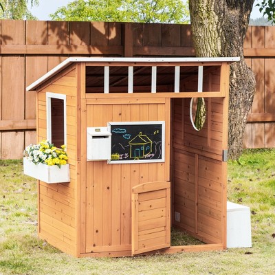 Outsunny Wooden Kids Playhouse with Bench and Flower Pot Holder