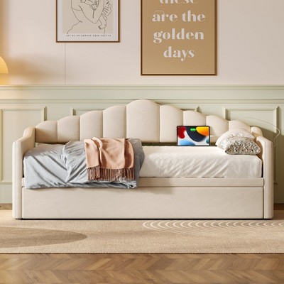 Empire DigiLabs Upholstered Twin Size Daybed with Adjustable Trundle and USB Port and Pockets, Blue