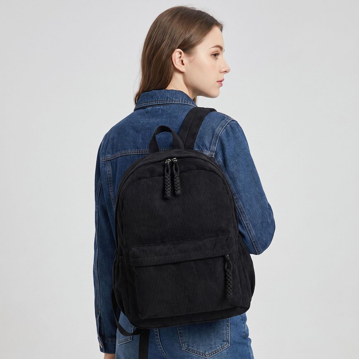 Alilang Corduroy Backpack with Front Zip Pocket Adjustable Straps and Spacious Everyday Storage - thumbnail 2