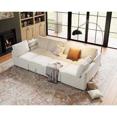 137.4" 8-Seater Upholstered Sectional Sofa with Storage Ottomans, U Shaped Sectional Couch, breathable chenille fabric sofa for Living Room, Beige