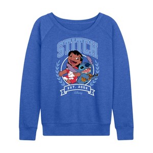 Women's - Disney - Stitch Collegiate Group Lightweight French Terry Wide Neck Long Sleeve Graphic Shirt - 1 of 3
