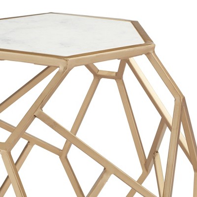 Contemporary Gold Metal Hexagon Accent Table with White Marble Top
