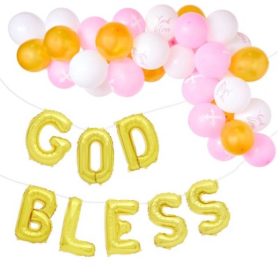 Sparkle and Bash 58 Piece Set God Bless Banner Balloons for Girls Baptism Decorations, First Communion (12-16 In)