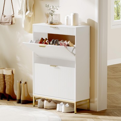 Modern Fluted Shoe Storage Cabinet with 2 Flip Drawers & Pull-Out Drawer & Hook, Wooden Slim Shoe Organizer with Metal Legs