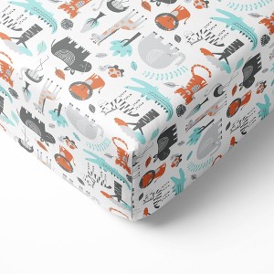 Bacati - Safari Animals Allover Print Aqua Orange Gray 100 percent Cotton Universal Baby US Standard Crib or Toddler Bed Fitted Sheet - 1 of 4