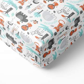 Bacati - Safari Animals Allover Print Aqua Orange Gray 100 percent Cotton Universal Baby US Standard Crib or Toddler Bed Fitted Sheet
