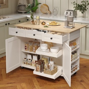 47.2" Mobile Kitchen Island with Drop Leaf Countertop, Charging Station & Ample Storage, Rolling Kitchen Cart on Wheels with Pull-Out Shelves - 1 of 4