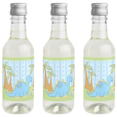 Big Dot of Happiness Baby Boy Dinosaur - Mini Wine and Champagne Bottle Label Stickers - Party Favor Gift for Women and Men - Set of 16